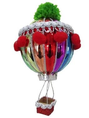 Hot Air Balloon December Diamonds 79-81114 Rainbow Pom Pom 6.5" Glass Ornament